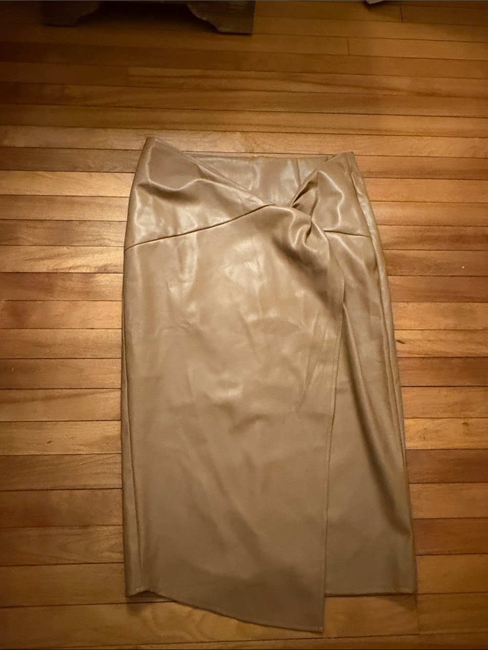 Vici Beige Faux Leather Midi Skirt with Twist Detail